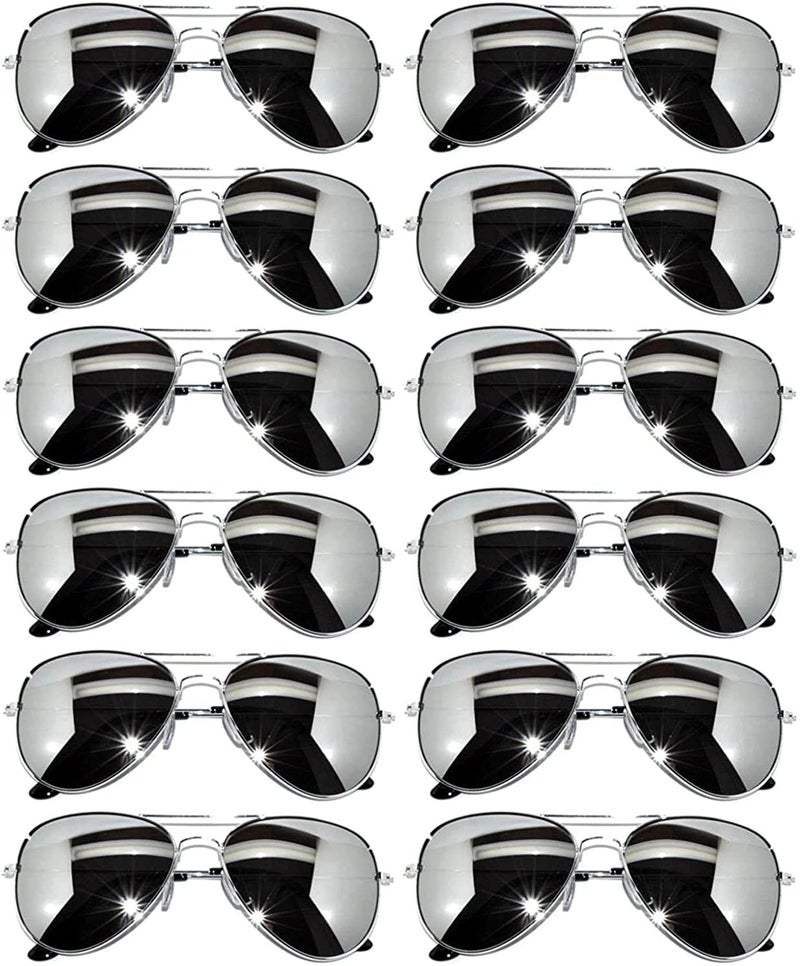 OWL 12 Pack Aviator Mirrored Lens Pilot Sunglasses Silver Frame Aviation Party Glasses - Image 1